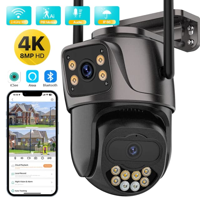 Zewnętrzna bezprzewodowa kamera bezpieczeństwa IP 4K 8MP HD podwójny obiektyw zewnętrzna kamera Wifi PTZ automatyczne śledzenie uliczna kamera monitorująca iCsee