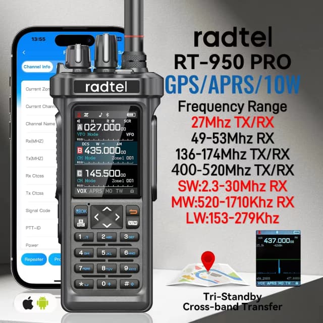 Radtel RT-950 PRO Walkie Talkie AM/FM/CB/LSB/USB/CW Odbiornik z GPS APRS 10W Bluetooth Programowanie Telefonem Radioamatorskie RT-950PRO