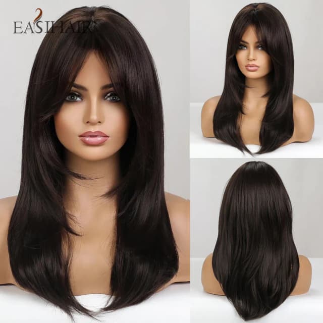 EASIHAIR Ciemnobrązowe czarne peruki syntetyczne z grzywką Średnio proste warstwowe włosy naturalne dla kobiet Codzienny Cosplay Żaroodporne