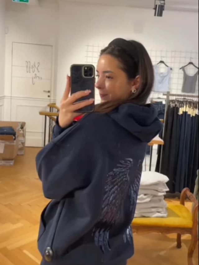 Elegancki granatowy dres z cekinami w wzór anioła, bluza z kapturem, luźny krój, styl high street, pulower, nowość 2025, damskie płaszcze jesienno-zimowe.