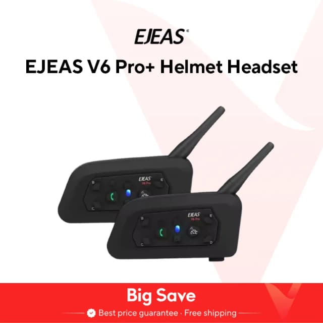 EJEAS V6 Pro + zestaw słuchawkowy do kasku motocyklowego Bluetooth domofon komunikator 1200 m domofon dla 6 zawodników IP65 muzyka wodoodporna