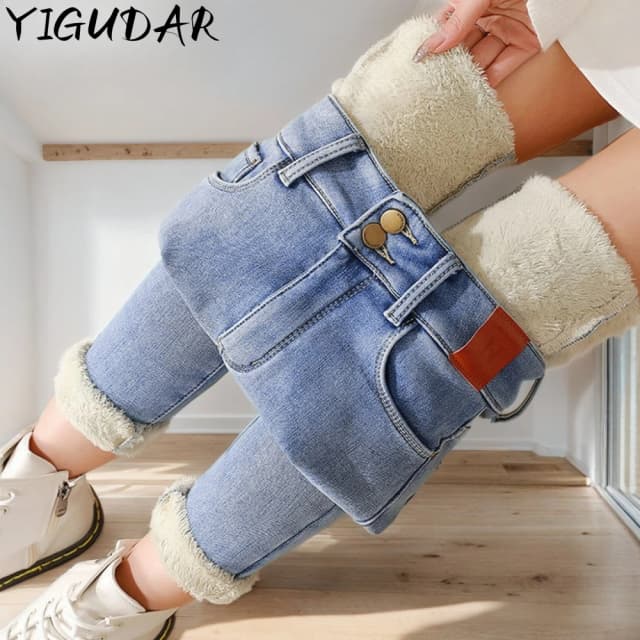 Y2K Thicken Vintage Winter Fleece Jeans Women Warm Thicken Blue Winter Denim Pants women Casual Ankle Length Slim Denim Trousers