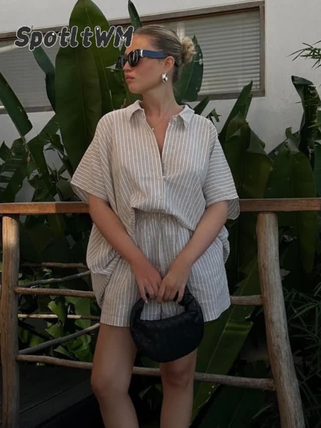 Casual Striped Loose Shorts Set Women Chic Half Sleeve Single Breasted Lapel V-neck Shirt 2 Piece Suit Summer High Street Outfit