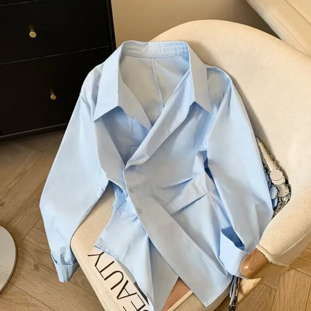 Damska tunika polo z nieregularnym krojem, długim rękawem, biała, elegancka, podstawowa bluzka, modna koszula do pracy.