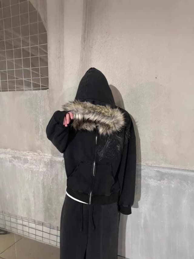 Jesień/Zima Y2k Estetyka Damska Harajuku Bluzy z Kapturem z Sztucznym Futrem Graficzne Hip Hop Punk Gotyckie Bluzy Rozpinane na Zamek 2025 nowość