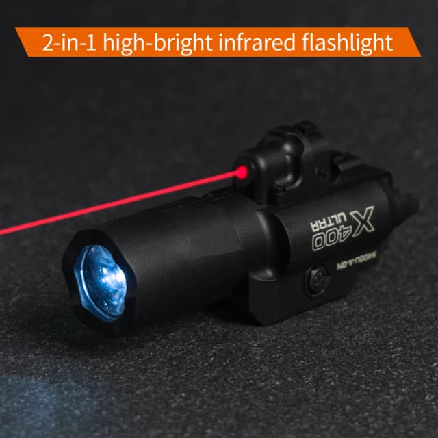 Latarka taktyczna X400U z celownikiem laserowym, dwufunkcyjne światło białe i czerwony laser, przełącznik jednoprzyciskowy, stop aluminium lotniczego, szybka