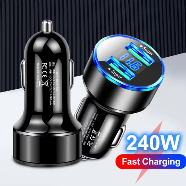 Ładowarka samochodowa 240W z dwoma portami USB, superszybkie ładowanie 120W z wyświetlaczem cyfrowym, adapter szybkiego ładowania do iPhone'a, Samsunga, Xiaomi