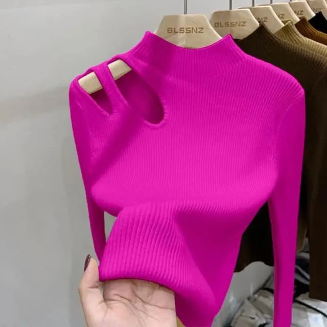 Hollow-out sweter damski z golfem sweter ze ściągaczem jesienno-zimowy podstawowy sweter damski Fit miękkie ciepłe topy