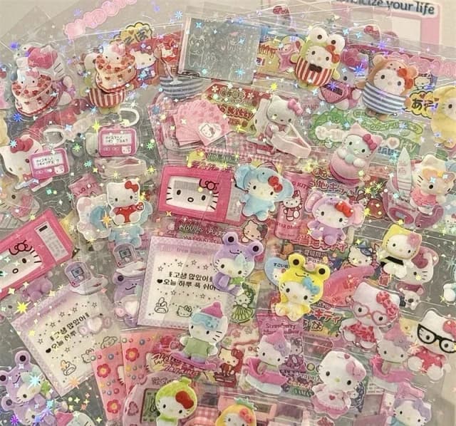 5 SZTUK Kreskówkowe Naklejki Wykrojone Hello Kitty Rilakkuma Śliczne Naklejki z Kotkiem Anime Materiały do Albumów Naklejki Laserowe z Efektem Świecenia