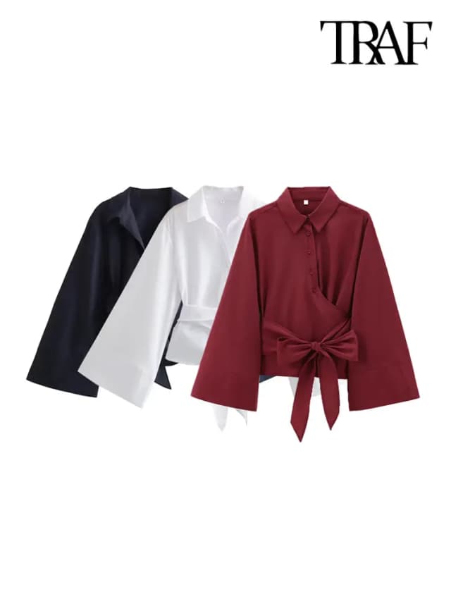 TRAF-damskie bluzki kimono z długim rękawem i muszką, guziki z przodu, koszule damskie, eleganckie topy, moda
