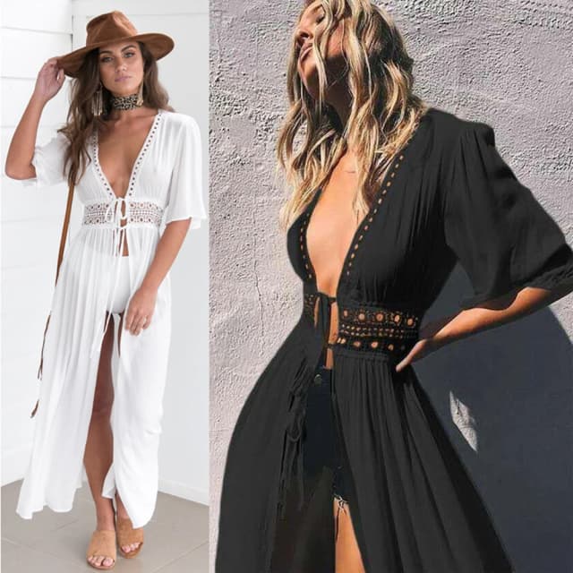Letnia sukienka damska Lady Lace Boho Beach Swimsuit Bikini Cover Up Lace-Up Long Blouse Hollow Out Sun Protection Cardigan Shawl