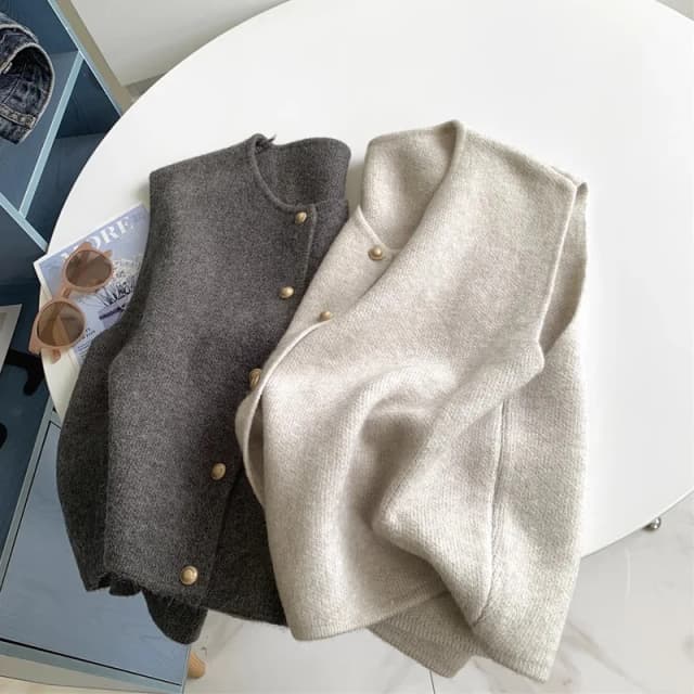 Moda biurowa Lady eleganckie topy wiosna jesień damski jednolity, zapinany na guziki dekolt w serek bez rękawów swobodny sweter sweter dziergany kamizelka płaszcze