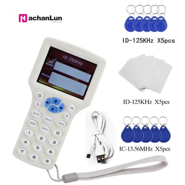 Angielski 10-częstotliwościowy czytnik RFID pisarz kopiarka powielacz IC/ID z kablem USB do kart 125Khz 13.56Mhz powielacz ekranu LCD