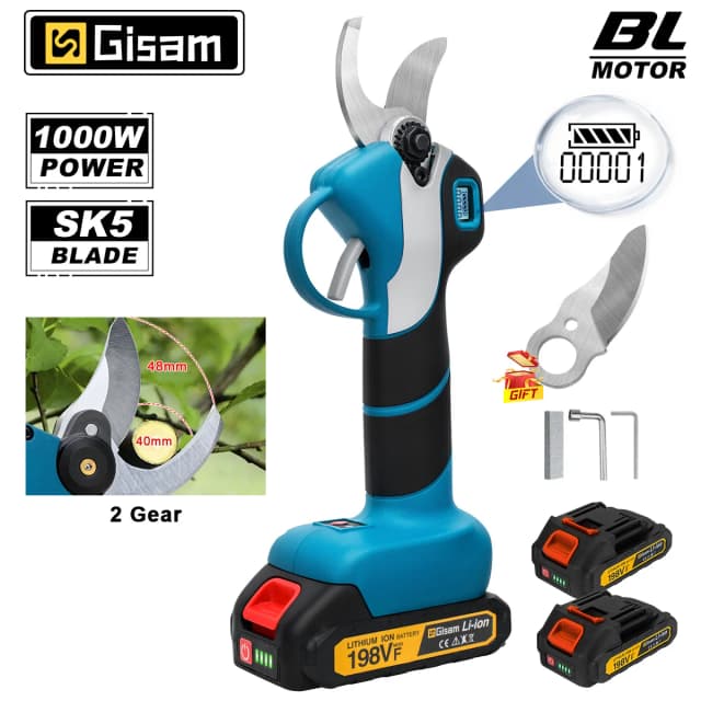 Gisam 1000W 40mm Elektryczne Nożyce do Gałęzi Bezszczotkowe Akumulatorowe Sekatory Przycinarka do Gałęzi Drzew Ogrodowych Pasuje do Akumulatorów Makita 18V