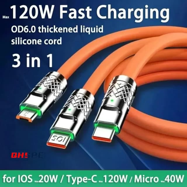 Kabel USB do szybkiego ładowania 120 W 6 A typu C Micro3 w 1 Kabel USB do ładowania iPhone Samsung Huawei Xiaomi Ładowarka do telefonu Kabel USB