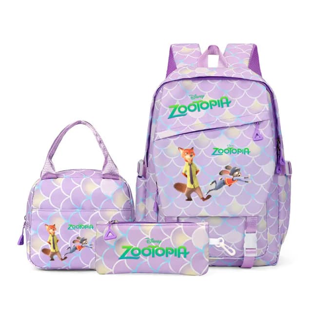 Disney Zootopia Zestaw 3 szt. z nadrukiem: Kolorowy plecak szkolny dla uczniów i uczennic z torbą na lunch, dla dzieci i nastolatków.