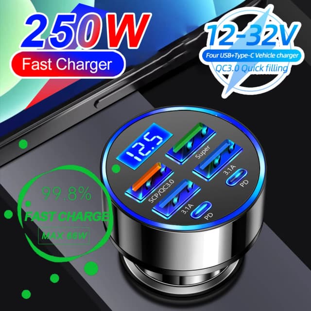 Ładowarka samochodowa PD 250 W QC3.0 Szybkie ładowanie od jednego do sześciu wtyczek zapalniczki samochodowej 5-portowa ładowarka samochodowa Ładowanie błyskowe z wyświetlaczem cyfrowym