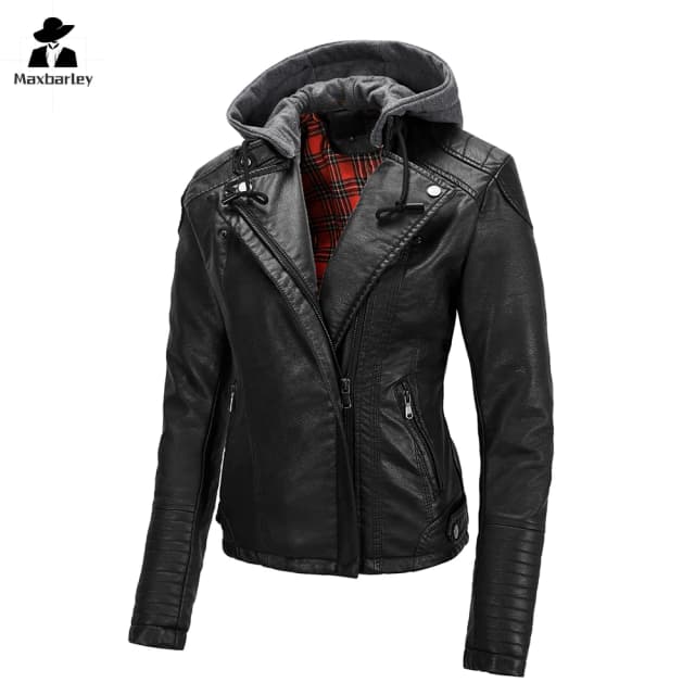 Nowa kurtka skóra z kapturem damska jesień Vintage ze sztucznej skóry Slim-Fit odpinana płaszcz ze skóry PU moda ukośny suwak kurtka motocyklowa