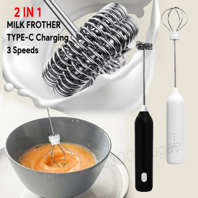 Espumador de leche eléctrico + batidor de huevos, carga inalámbrica tipo C, 3 velocidades, Mini fabricante de espuma de mano, batidor de café, herramientas de cocina