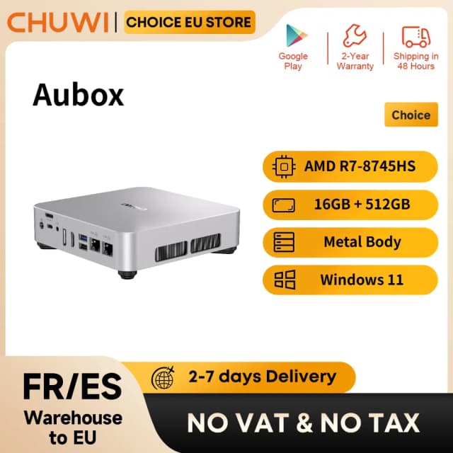 CHUWI AuBox AMD R7 8745HS Mini PC z OCulink, 16GB RAM, 512GB SSD, Windows 11, Wyświetlanie 4K 60Hz, WiFi 6, BT 5.1, Rozszerzenie M.2 2T*2