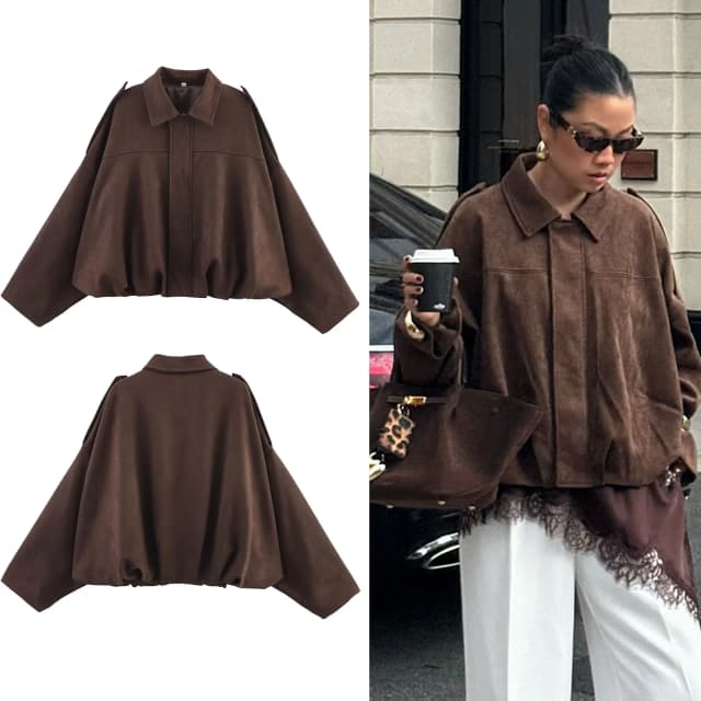 Damskie płaszcze w stylu streetwear, luźne, z teksturowanego zamszu, codzienne, długie rękawy nietoperzowe, klapy, zapinane na zamek, zimowe kurtki w stylu vintage.