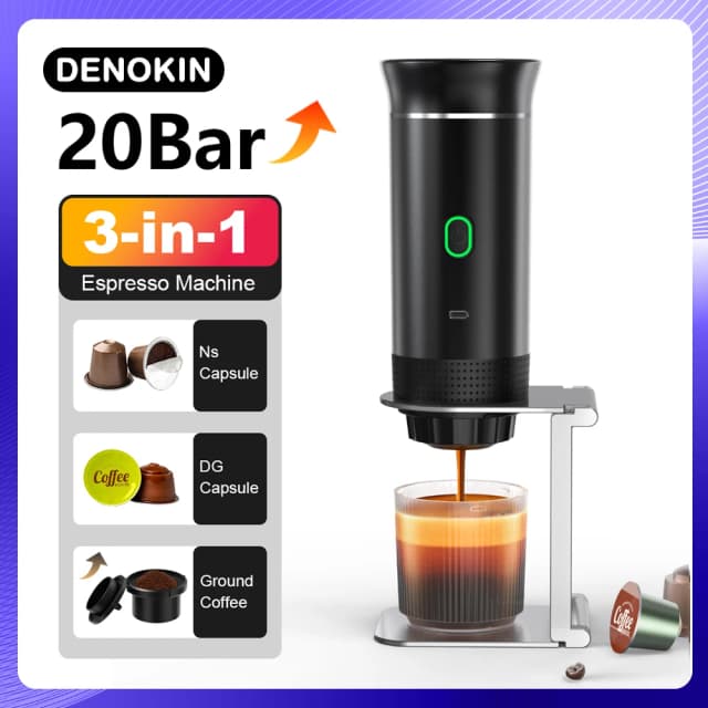 Cafetera Espresso portátil eléctrica inalámbrica para coche y hogar, cafetera para acampar, cafetera de viaje en polvo con cápsula 3 en 1