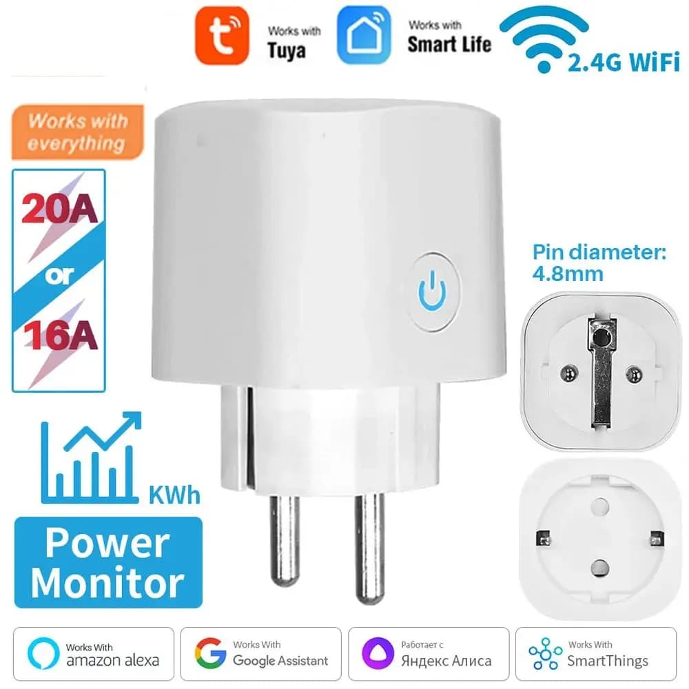 Inteligentna wtyczka WiFi gniazdo EU 16A/20A z funkcją monitorowania czasu zasilania aplikacja Tuya Smart Life współpracuje z Alexa Google Home