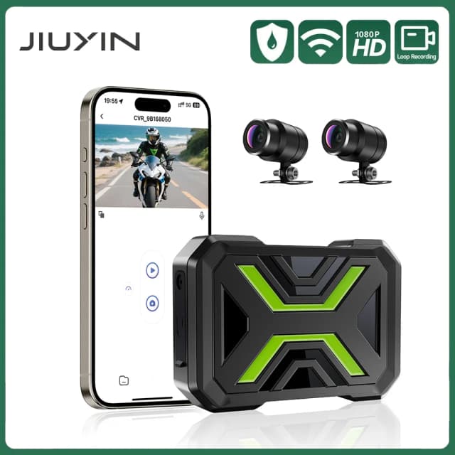 JIUYIN Podwójna Kamera Motocyklowa DVR 1080P Rejestrator Akcji Przednia i Tylna Wodoodporna Kamera Motocyklowa z Noktowizorem i WiFi
