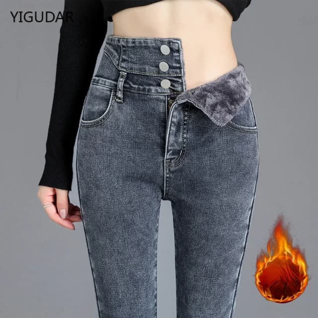 Zimowe grube polarowe ciepłe obcisłe dżinsy z wysokim stanem damskie grube damskie spodnie ołówkowe ze stretchem damskie mama aksamitne damskie dżinsy streetwear