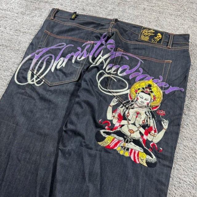 Luźne jeansy Y2K z szerokimi nogawkami, haftowany Budda, casualowe spodnie jeansowe, Harajuku, wysoki stan, proste jeansy Y2k, odzież damska