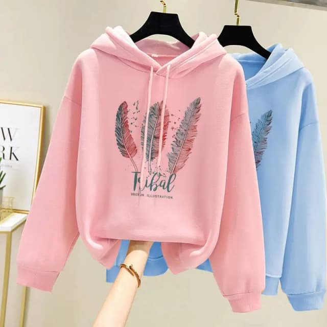 Moda damska nadruk piór bluzy jesienno-zimowa Plus aksamitna Casual luźna bluza