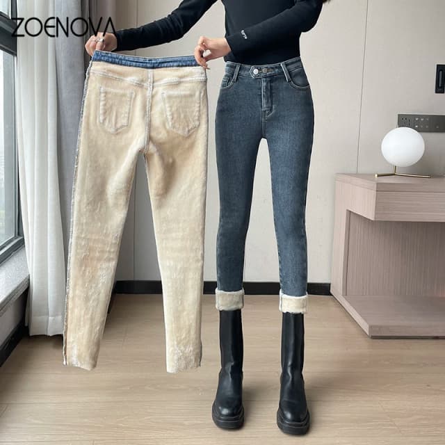 ZOENOVA 2024 Zimowe grube aksamitne jeansy damskie z wysoką talią Proste polarowe ciepłe, wąskie, elastyczne spodnie jeansowe ołówkowe