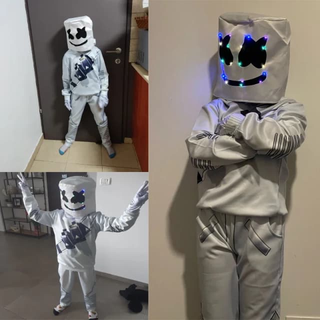 LED Marshmallow chłopcy dziewczęta maska ​​do tańca klaun ubrania typu Cosplay Halloween kostium na boże narodzenie gra imprezowa Fortnites kostiumy garnitur