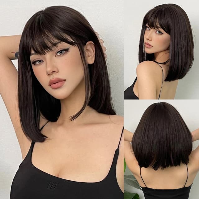 Krótkie czarne brązowe syntetyczne peruki z naturalnych włosów dla kobiet Bob Straight Wig with Bangs High Temperature Daily Cosplay Party Wigs
