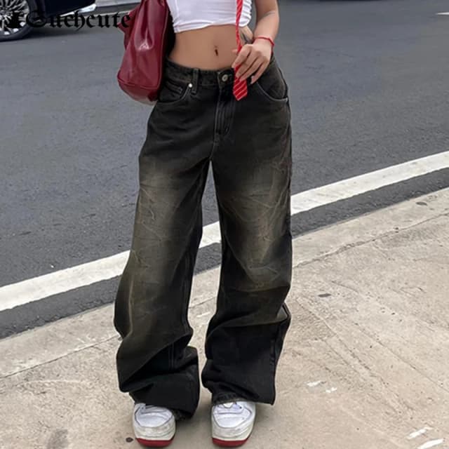 SUCHCUTE Dżinsy z niską talią dla kobiet Goth Y2k Style Baggy Jeans Punk New Jeans Wide Leg Denim Pants Kpop Casual Loose Streetwear