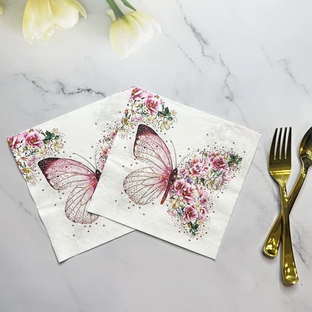 10/20 sztuk 33cm 2 warstwy nowe serwetki z nadrukiem motyla różowy motyl kwiaty strona papier dekoracyjny mata piknikowa DIY papier do decoupage