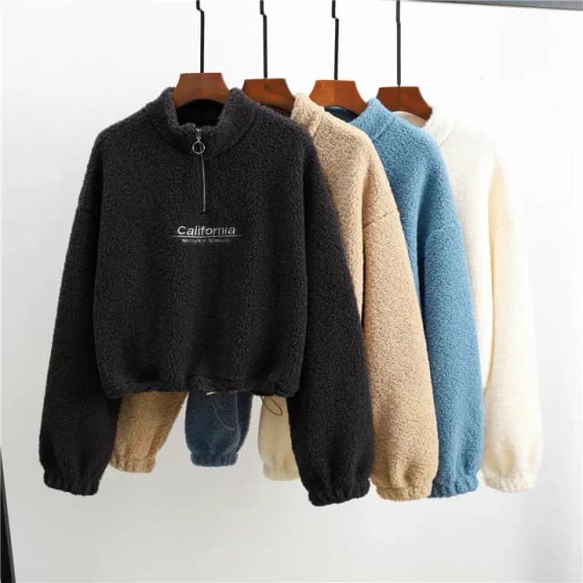 Damskie haftowane litery stojak na szyję polarowe przycięte bluzy z kapturem jesień z długim rękawem bluza ze sznurkiem nowe Casual pluszowe aksamitne topy