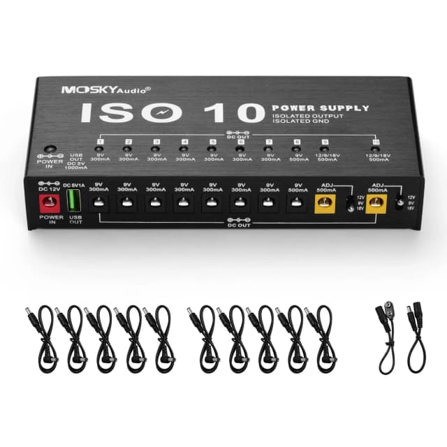 MOSKY ISO-10 Zasilacz do pedałów efektów gitarowych 10 izolowanych wyjść DC / wyjście USB 5V dla 9V 12V 18V Ochrona Akcesoria gitarowe