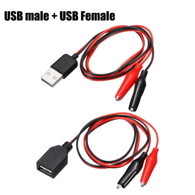 Krokodylki zaciskowe do gniazd USB męskich i żeńskich, przewody pomiarowe, złącze, zasilacz, kabel 50 cm, czerwony, czarny