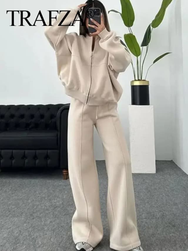 TRAFZA Bomber Jacket Pant Set For Women Casual Long Sleeve Zipper Coat Vintage Solid Sweatshirt Suit Spring Woman Streetwear