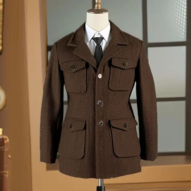 Kurtka myśliwska męska w stylu retro z wieloma kieszeniami, sportowa marynarka z paskiem, wzór w jodełkę, biznesowa, codzienna, klapy, garnitur, blezer, smoking
