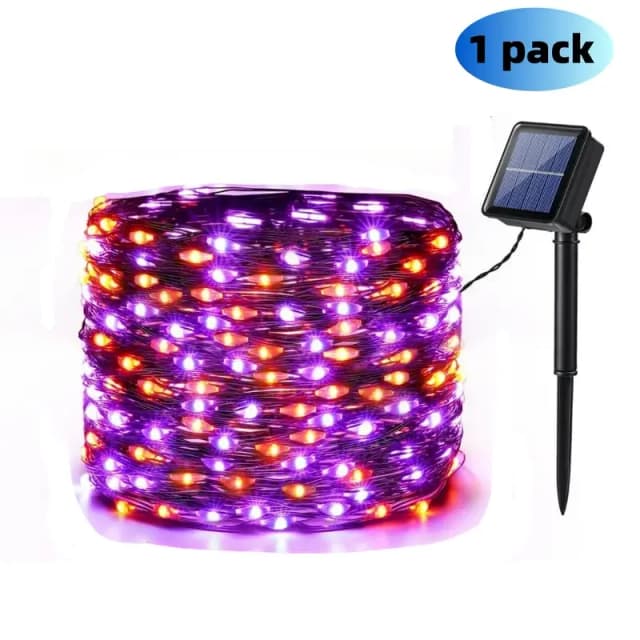 1 szt. Słoneczne pomarańczowe i fioletowe lampki na Halloween, 39,37 stóp 120 LED, fioletowe słoneczne lampki na Halloween 8 trybów, zewnętrzne migoczące lampki na Halloween