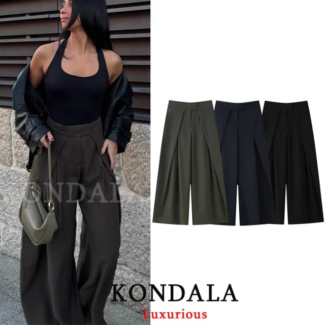 KONDALA Casual Chic Spodnie z szerokimi nogawkami Damskie Eleganckie do biura z kieszeniami Plisowane Długie Spodnie Modne na wiosnę i lato 2026 Streetwear