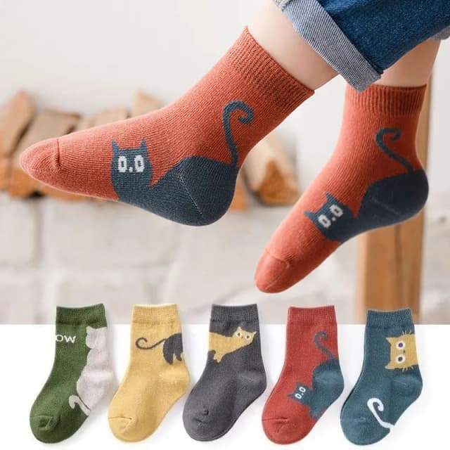 5 par skarpet dziecięcych Cartoon Cat Pattern Wygodne, oddychające skarpetki dziecięce dla chłopców i dziewcząt