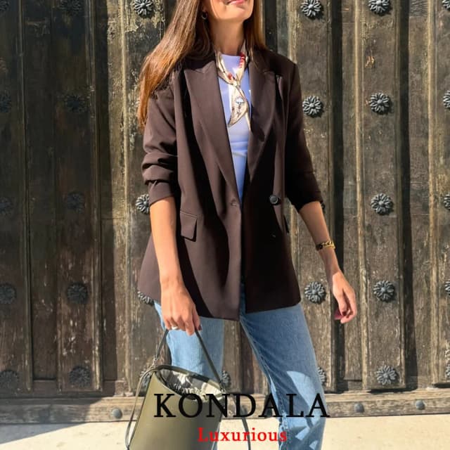 KONDALA Elegancka Brązowa Oversize'owa Marynarka Damska Dekolt V Podwójne Guziki Luźna Kurtka Modna Jesień 2025 Biurowa Casualowa Odzież Wierzchnia