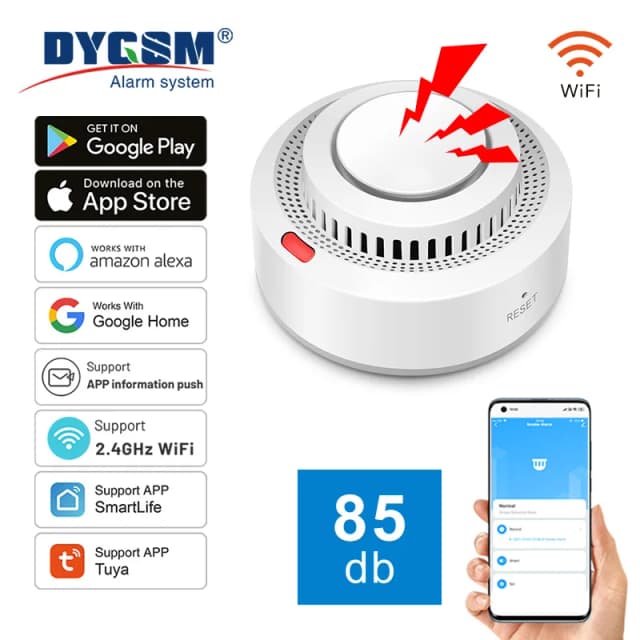 Tuya WiFi czujka dymu monitorowanie w czasie rzeczywistym zdalne powiadomienie alarmowe kontrola aplikacji współpracuje z Alexa Google Home