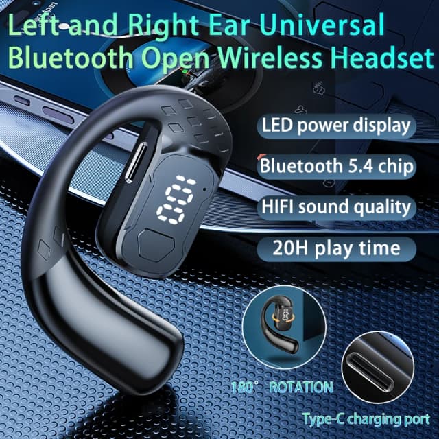 Bezprzewodowy zestaw słuchawkowy 180 °   Uniwersalne słuchawki Bluetooth 5.4 z regulacją obrotu, otwarte, lewe/prawe, z mikrofonem, sportowe, biznesowe, muzyczne, z zaczepem na ucho.
