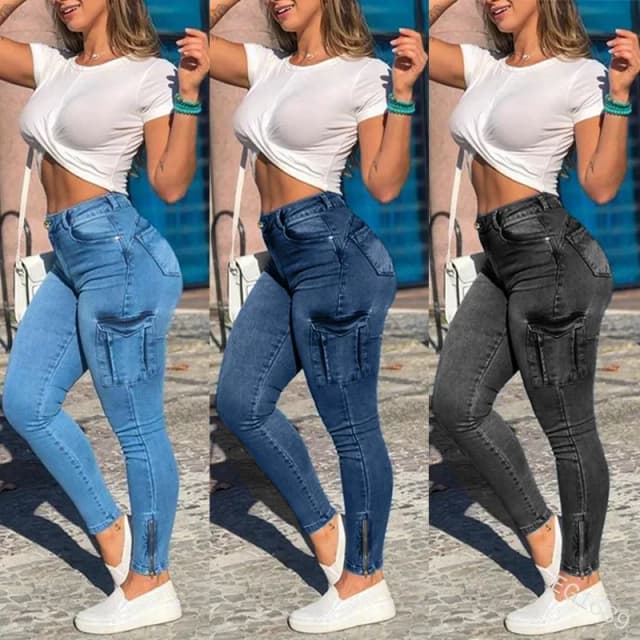 Dżinsy damskie Płaszcz Spodnie ołówkowe Kieszenie Cargo Denim Distressed Wysoka talia Pranie Slim Fit Zamek błyskawiczny Fly Długość do kostki Solidna