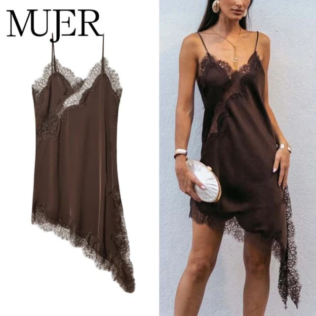 MUJER Koronkowa Sukienka Mini typu Slip Damska Satynowa Sukienka Letnia Bez Pleców Asymetryczna Sukienka Damska na Imprezę Seksowne Sukienki Plażowe dla Kobiet