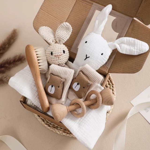 Bawełniany koc dwustronna dla dziecka 7 szt. Zestaw do kąpieli pudełko na prezent dla noworodka drewniane grzechotka grzechotka bransoletka ręcznik dla prezent na Baby Shower